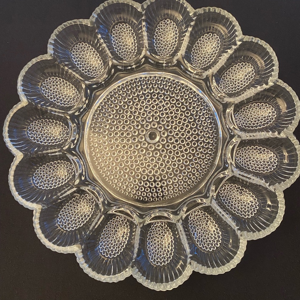 Indiana Glass Hobnail Deviled Egg Tray Holds 15 center well scalloped edge 11D